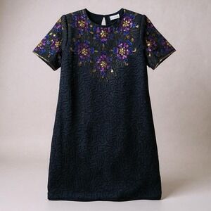 Vintage Silk Shift Mini Dress XL Black Sequined Beaded Embroidered Party Fairy